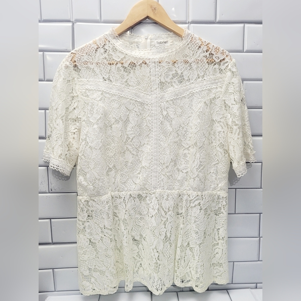 TOBRIEF Victorian StyleSheer Cream Colored Short Sleeve Lace Blouse High Neck El